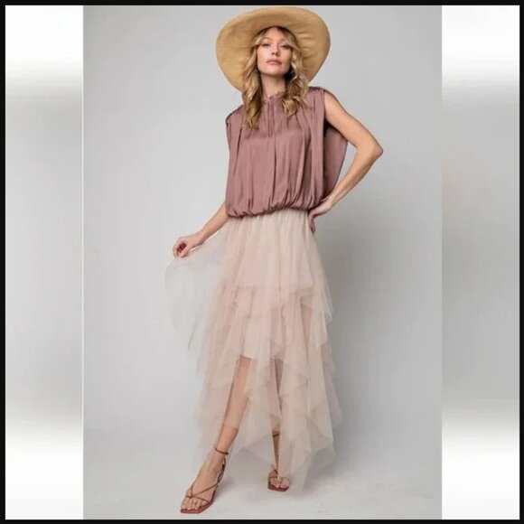 EASEL Fairy Tale Tiered Mesh Overlay Waterfall Lined Boho Maxi Ballerina Skirt - Picture 2 of 10